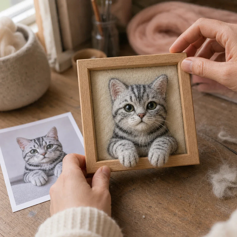 Custom grey tabby cat needle felted portrait in a wooden frame