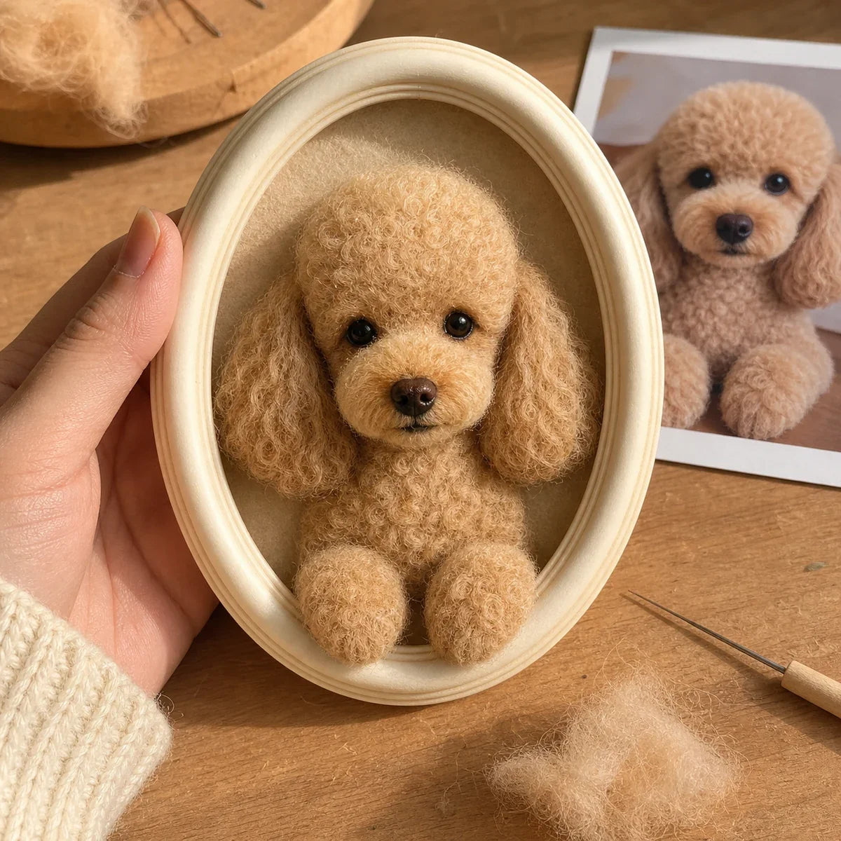 Custom apricot poodle needle felted dog portrait in an oval frame