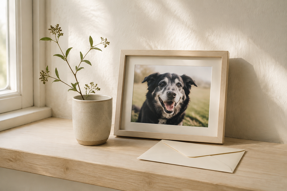 Framed photograph of a senior dog beside a closed memorial note