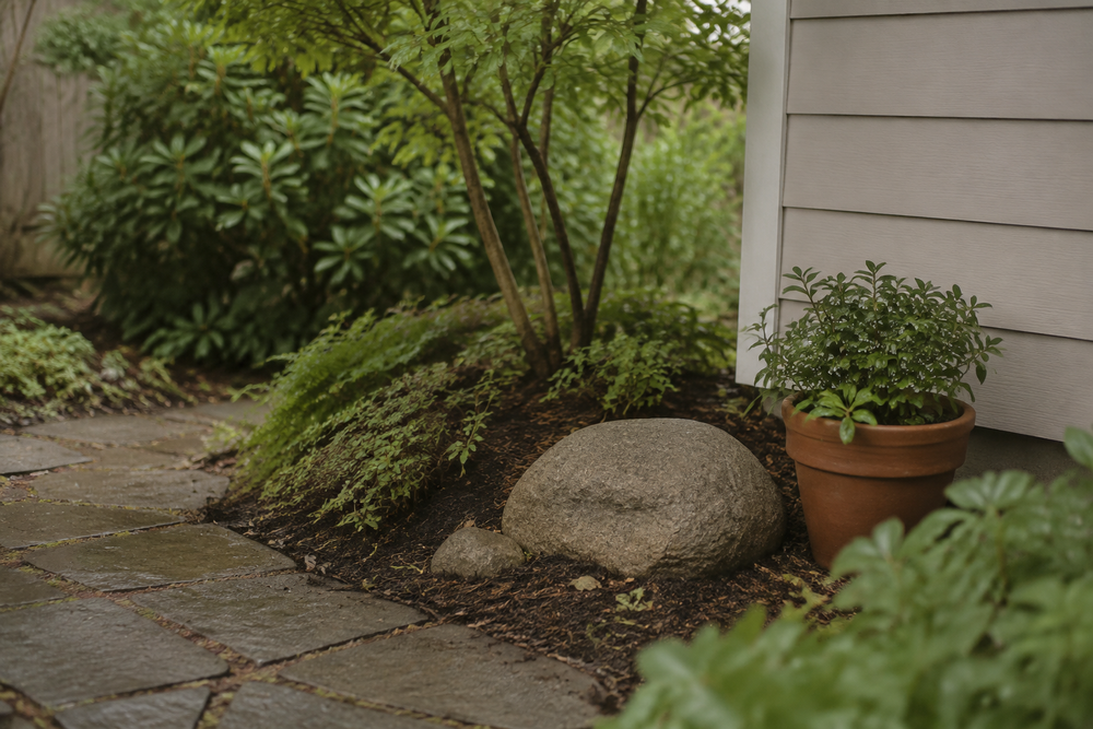 Small garden corner with a plain stone and movable planter