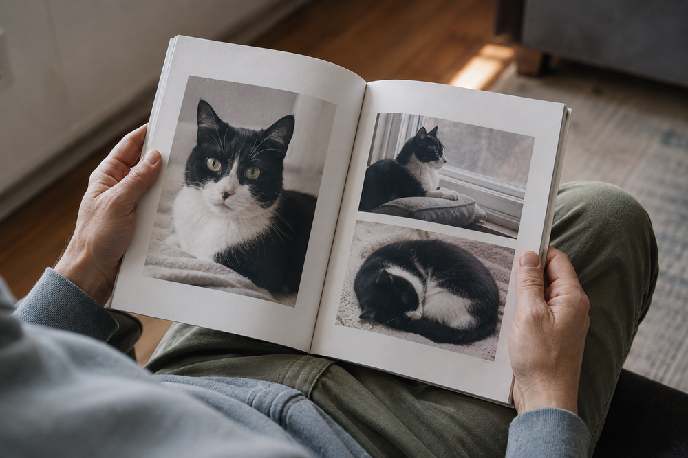 Hands holding an open photo book with three photographs of a black-and-white cat