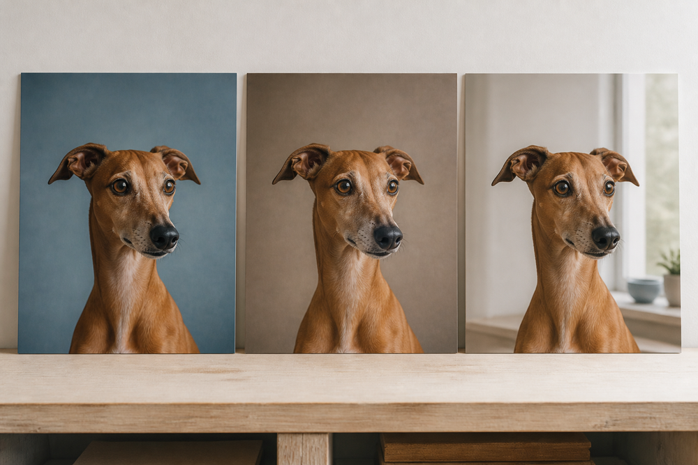 Three pet portrait studies showing plain, atmospheric and home-inspired backgrounds