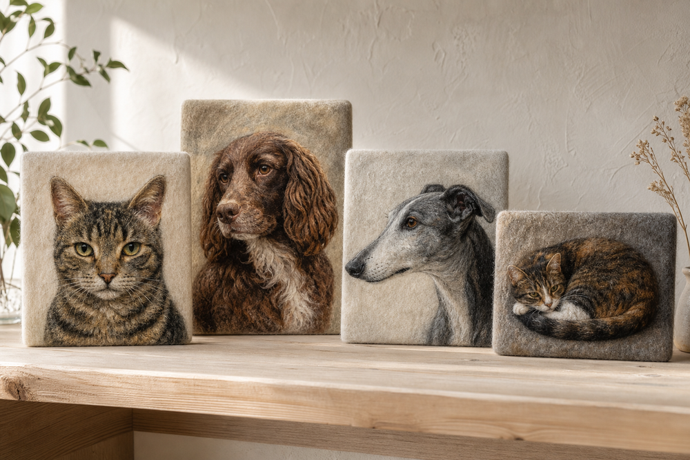 Four pet portrait studies showing front, three-quarter, profile and relaxed poses