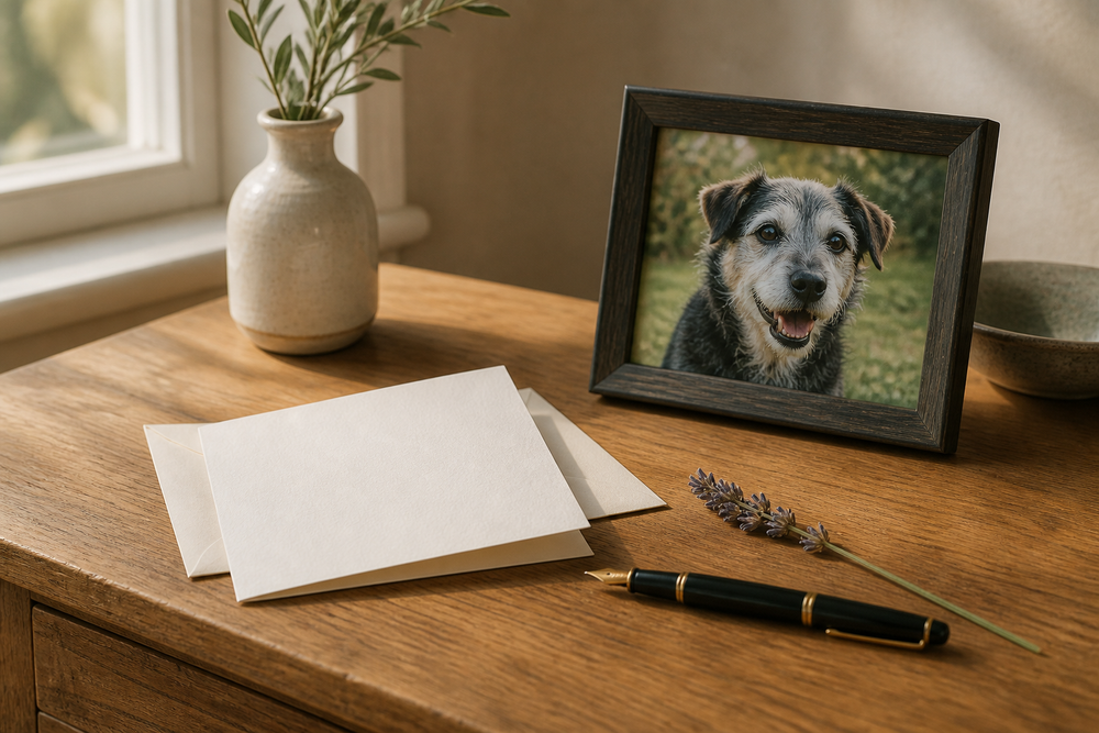 Blank sympathy card beside a framed photograph of a smiling dog