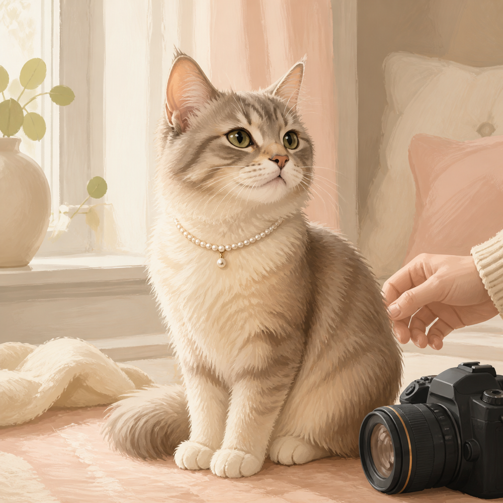 Editorial illustration of a relaxed cat wearing a light pearl necklace during a supervised indoor photo session