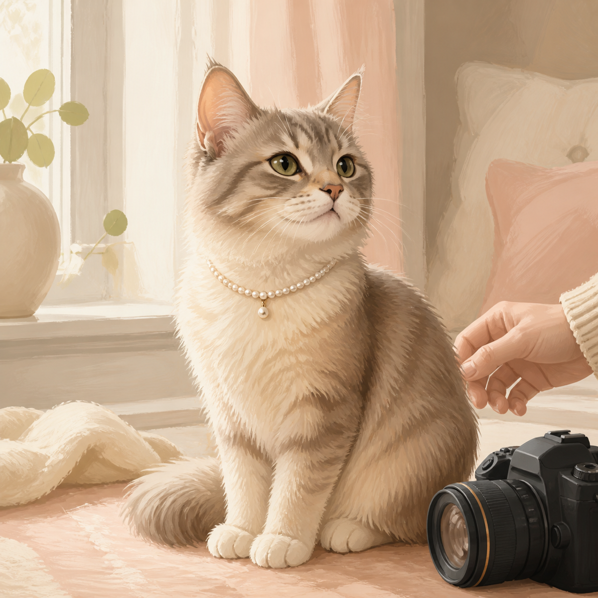 Editorial illustration of a relaxed cat wearing a light pearl necklace during a supervised indoor photo session