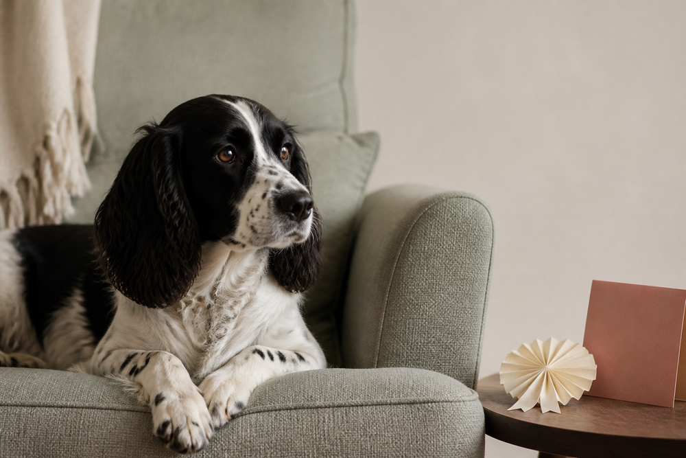 Black-and-white spaniel resting on a sage sofa beside a simple paper birthday rosette