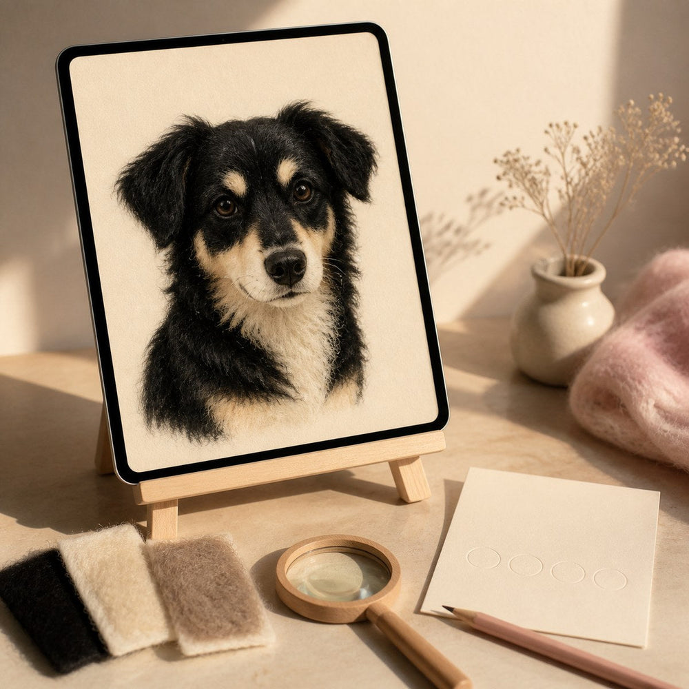 Editorial illustration: tablet with a fictional needle felted dog portrait and review tools