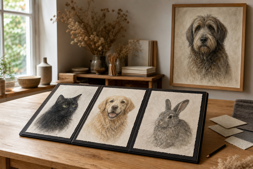 Open portfolio of cat, dog and rabbit portraits on a table in a quiet artist studio