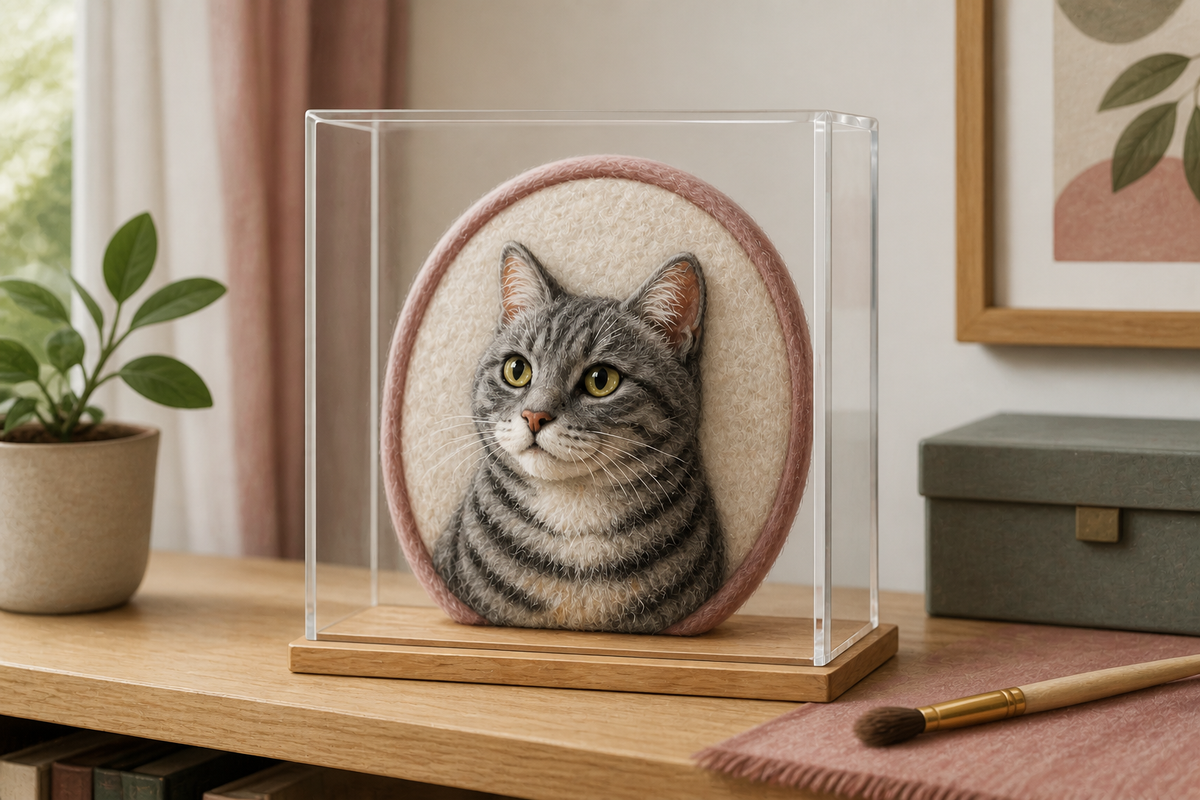 Needle-felted grey tabby cat portrait protected in a clear acrylic display case