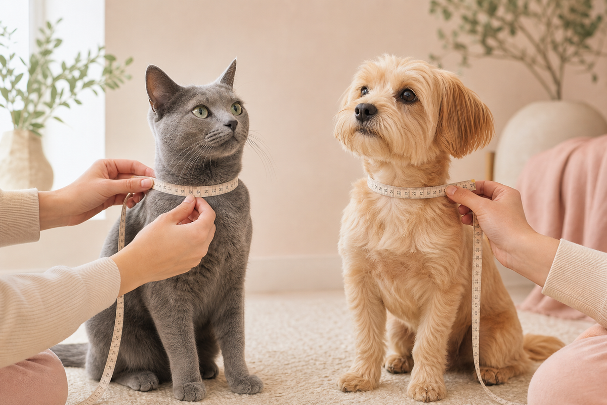 Editorial illustration of a grey cat and small tan dog being measured gently with soft tapes around the base of the neck
