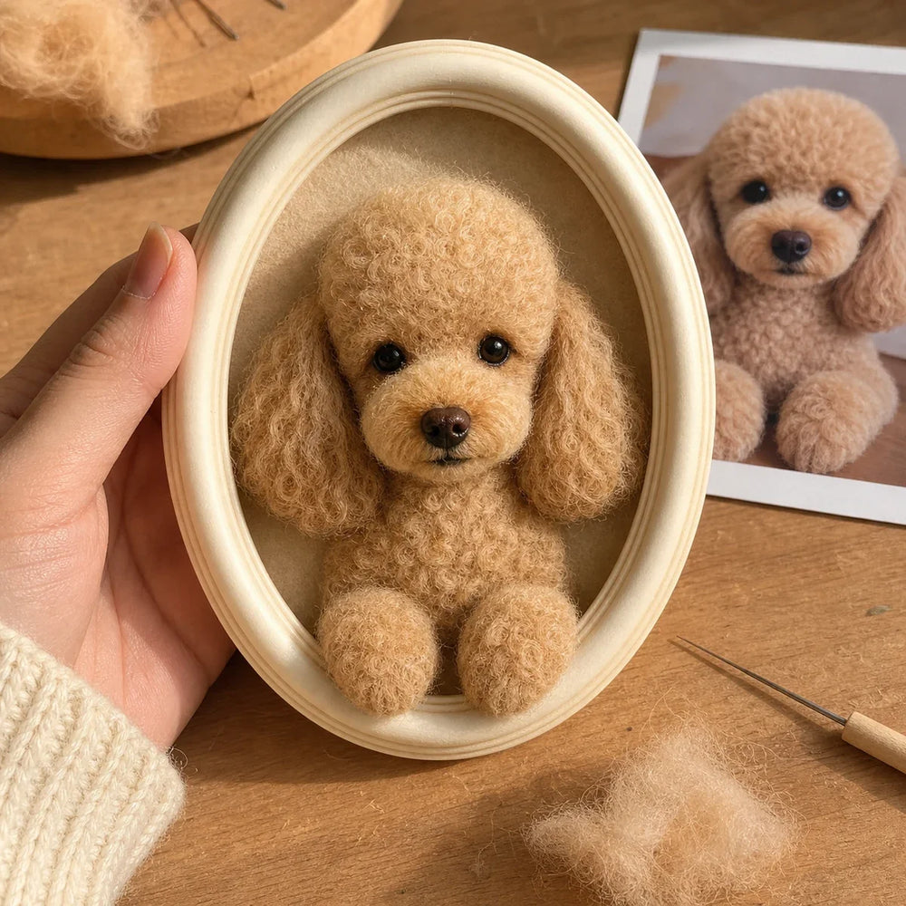 Custom apricot poodle needle felted dog portrait in an oval frame