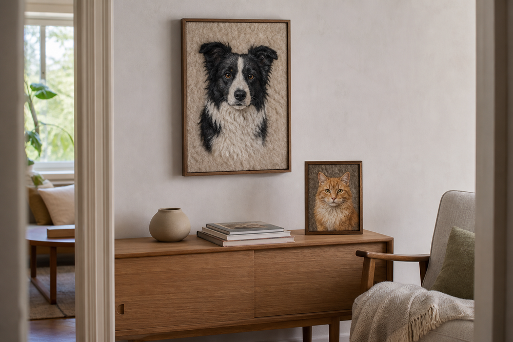 Two framed fibre pet portraits displayed above and on an oak sideboard