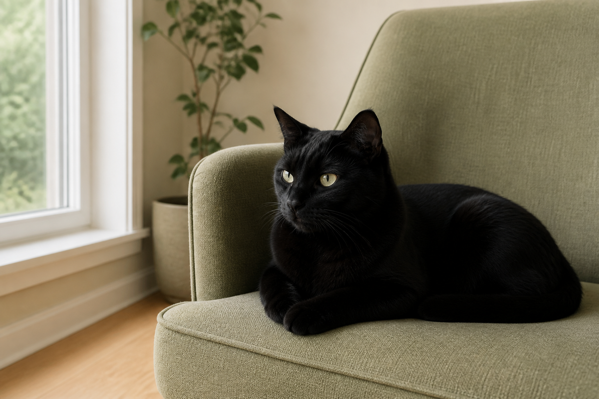Black cat resting on a sage chair beside a softly lit window