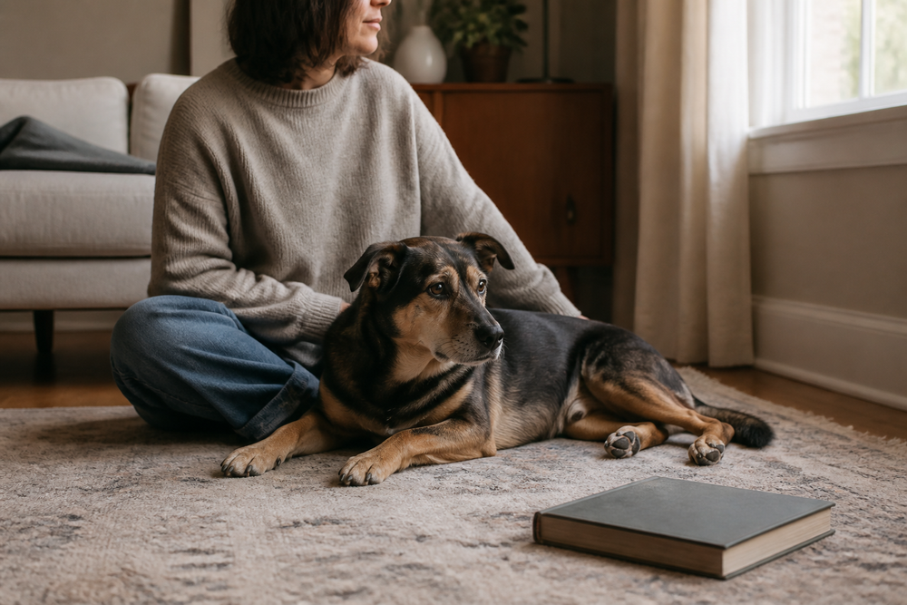 Relaxed dog resting beside its person during a quiet evening at home