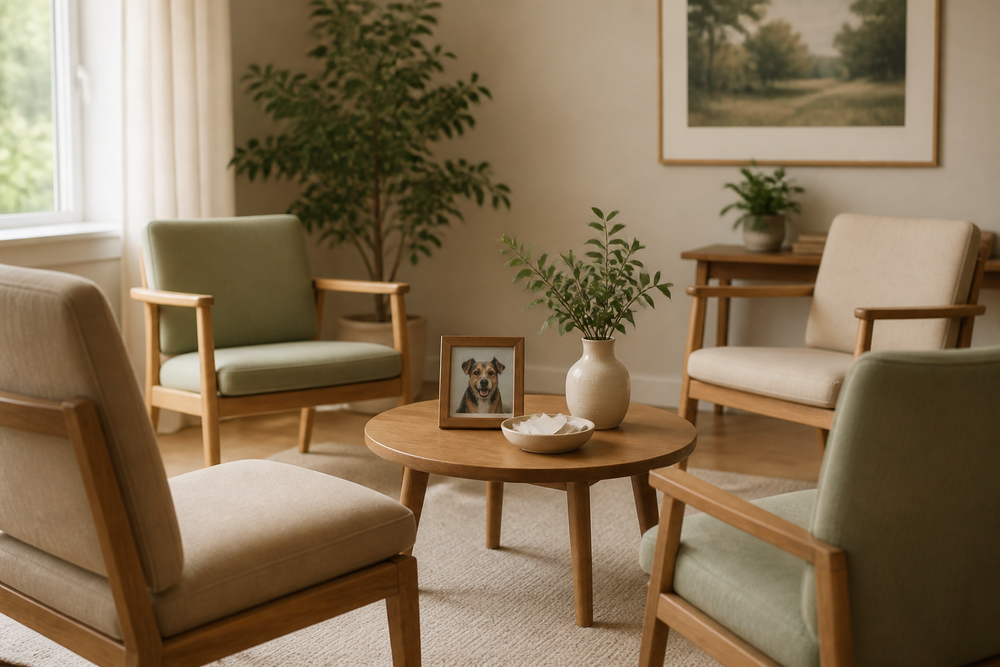 Quiet living room arranged for a small pet memorial gathering