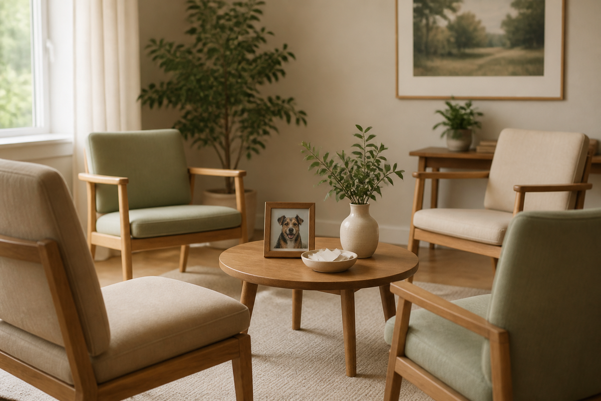 Quiet living room arranged for a small pet memorial gathering