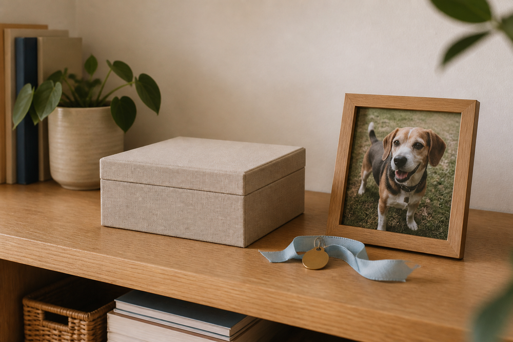 Closed memory box beside a framed photograph of a smiling dog