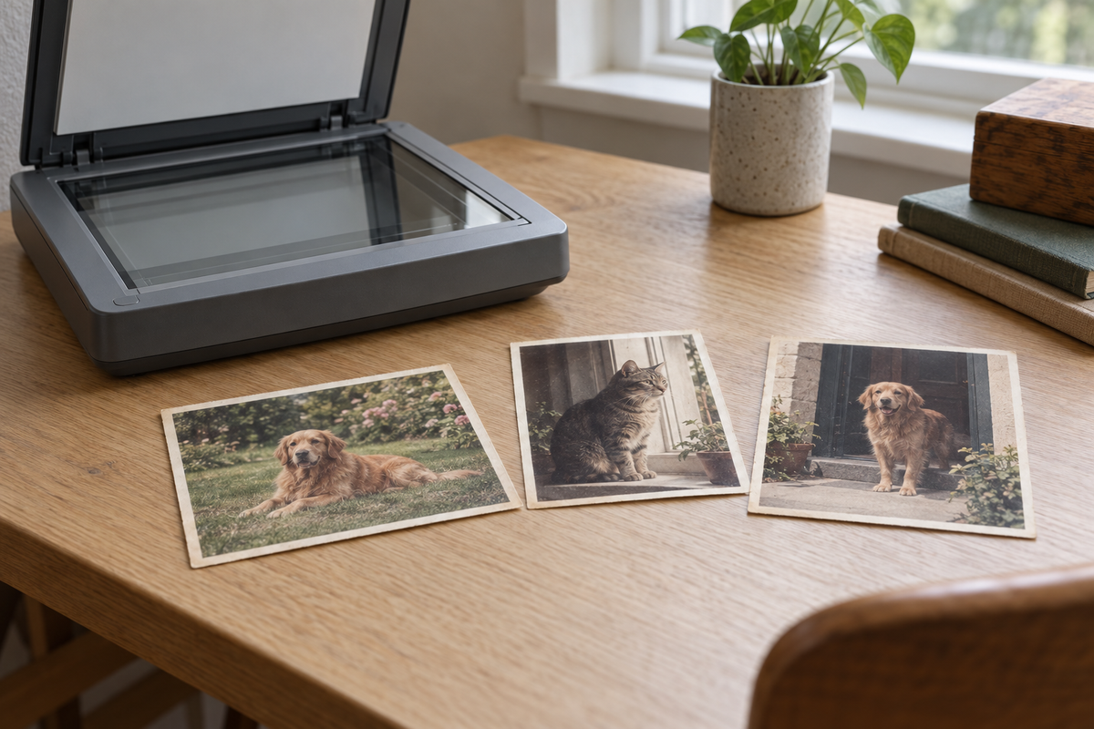 Old dog and cat photographs beside an open flatbed scanner