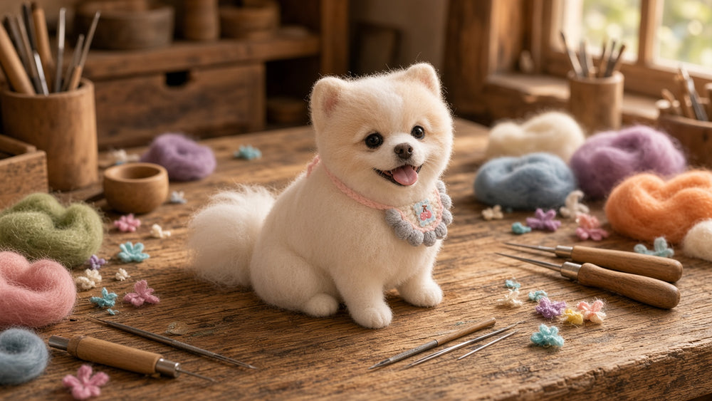 Needle-felted Pomeranian on wooden workbench with felting tools
