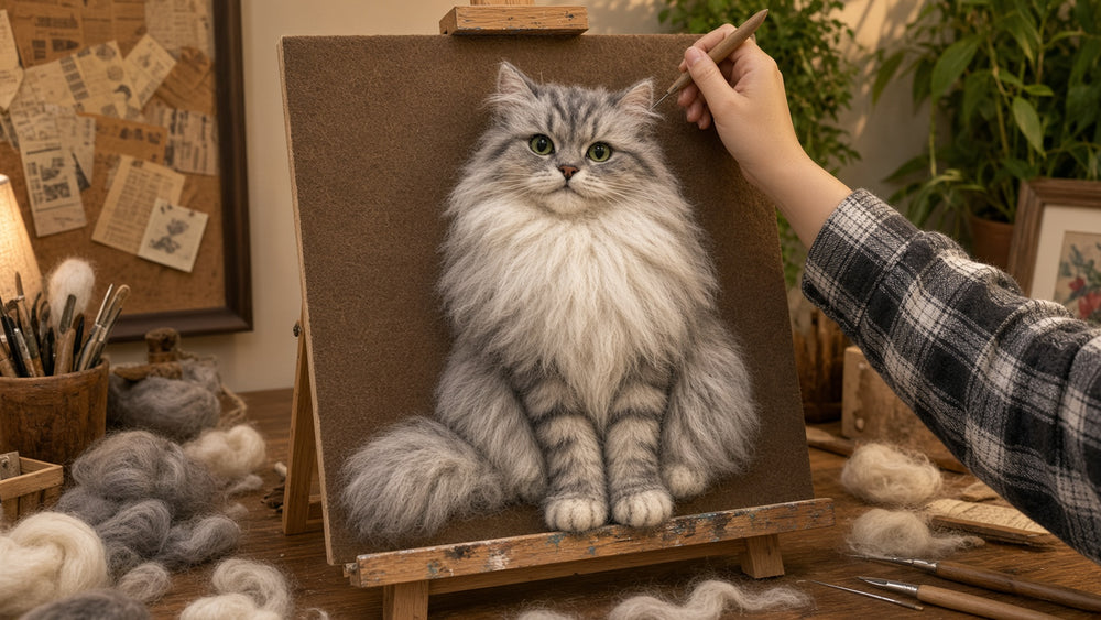 Needle-felted gray longhair cat portrait for photo guide cover