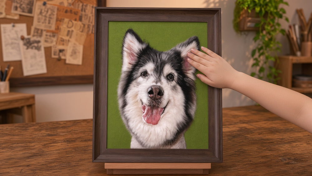 Framed needle-felted husky portrait on easel in a workshop setting