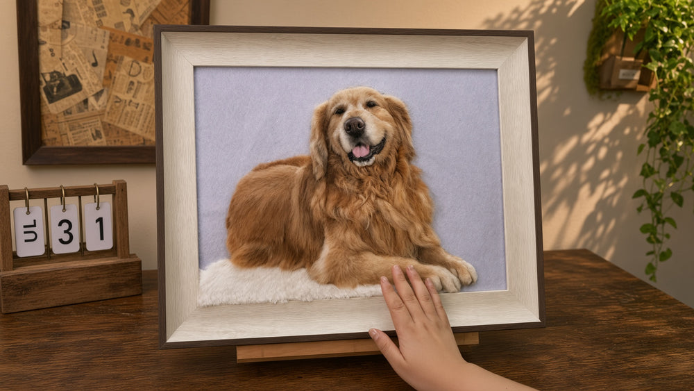 Framed needle-felted golden retriever portrait in a workshop setting