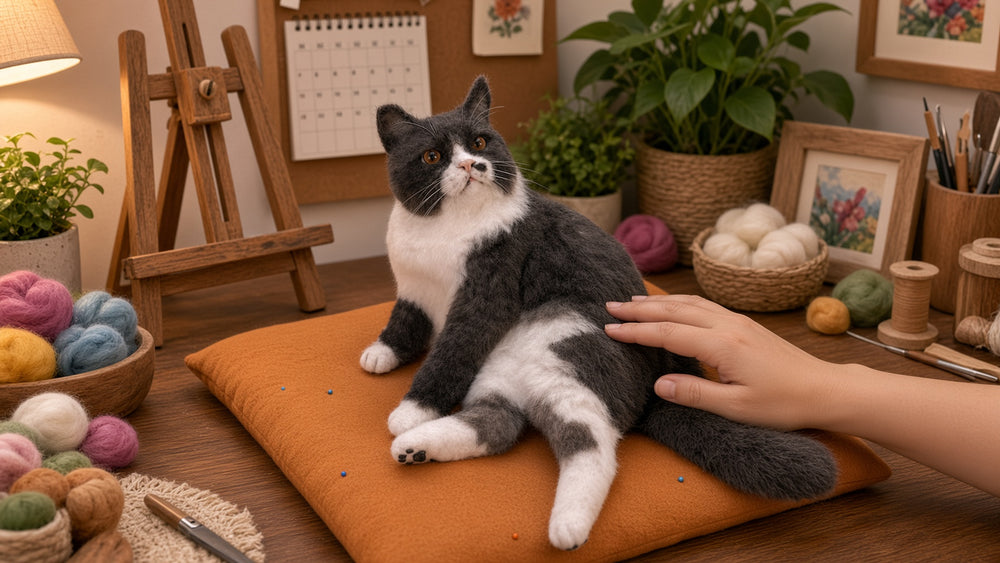 Needle-felted black-and-white cat portrait in a workshop