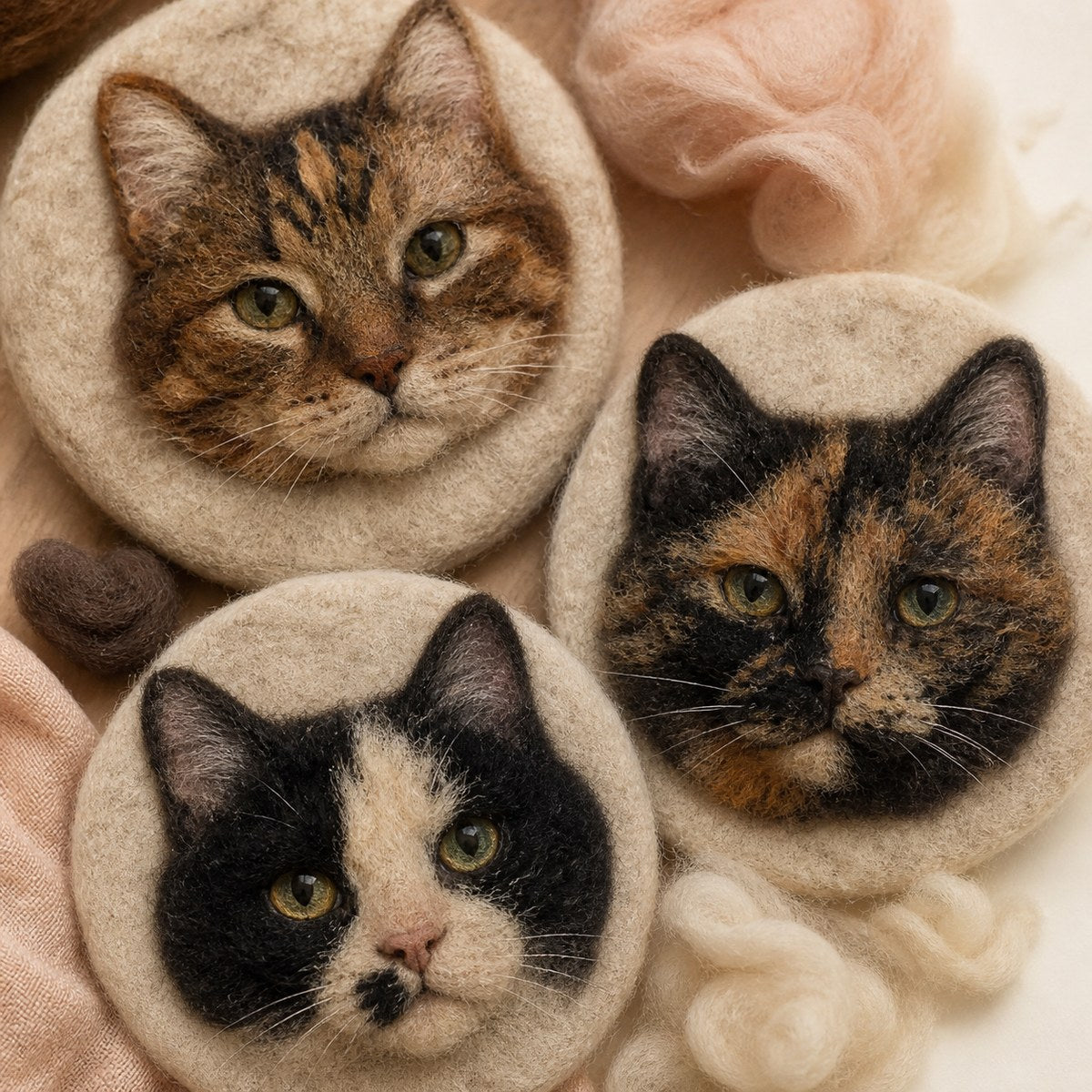 Editorial illustration: three fictional needle felted cat face studies with different coat markings