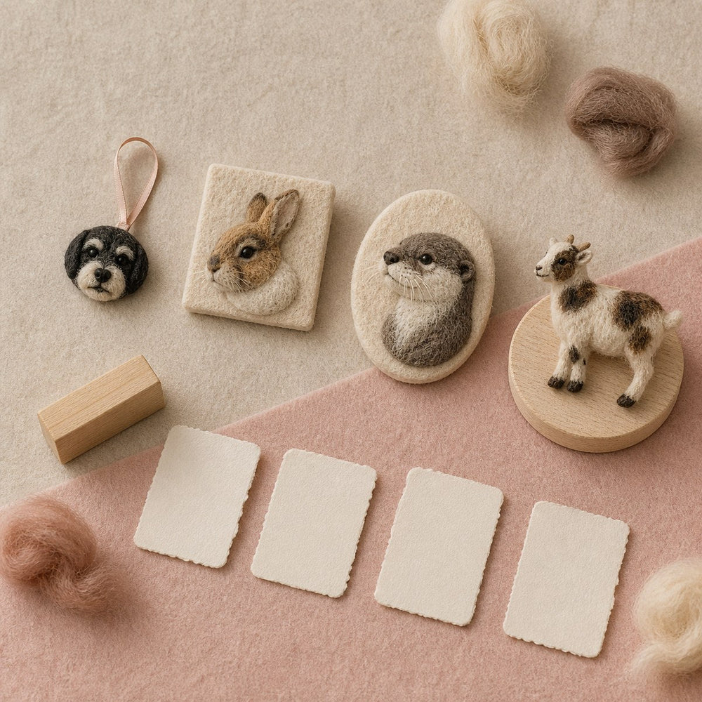 Editorial illustration: four fictional needle felted pet keepsake formats from charm to miniature figure