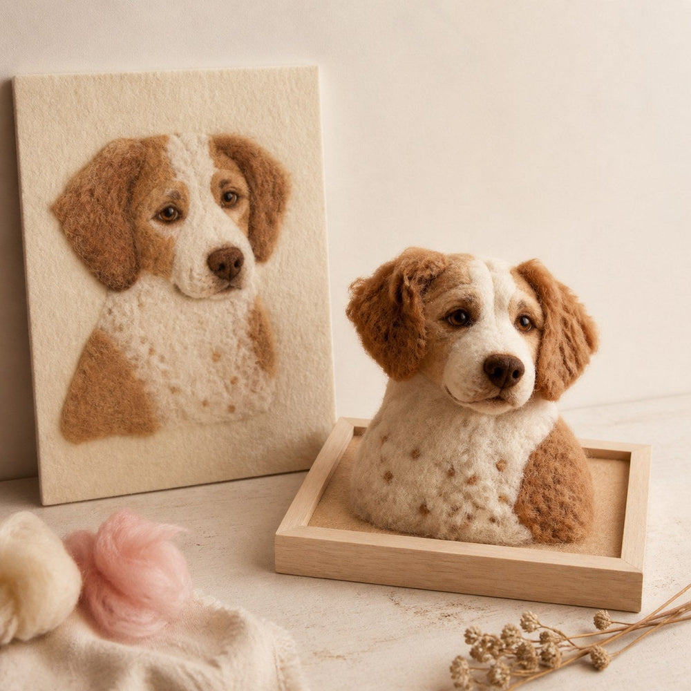 Editorial illustration: flat wool pet portrait and dimensional needle felted dog portrait in a warm craft studio