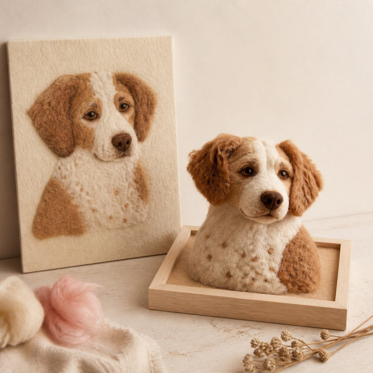 Editorial illustration: flat wool pet portrait and dimensional needle felted dog portrait in a warm craft studio