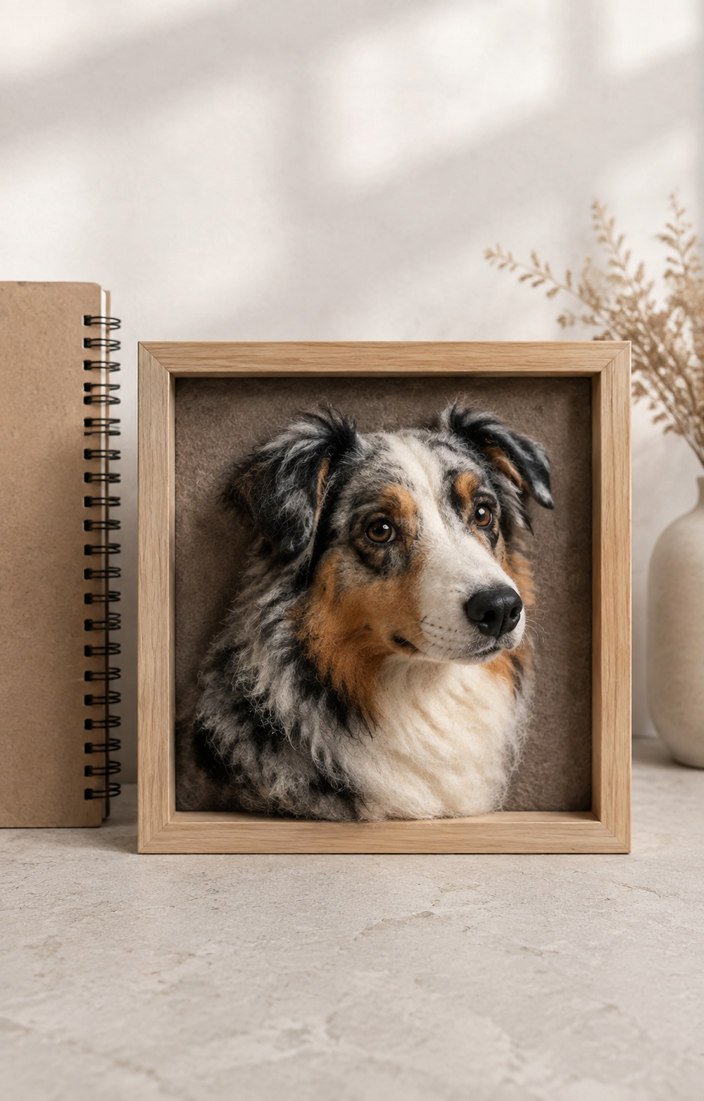 Framed custom needle-felted dog portrait on display
