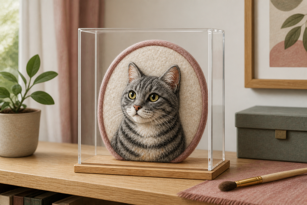 Needle-felted grey tabby cat portrait protected in a clear acrylic display case