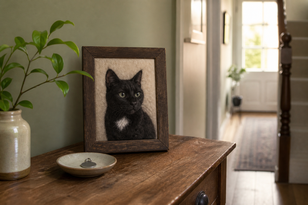 Framed felt portrait of a black cat displayed on a wooden console in soft morning light
