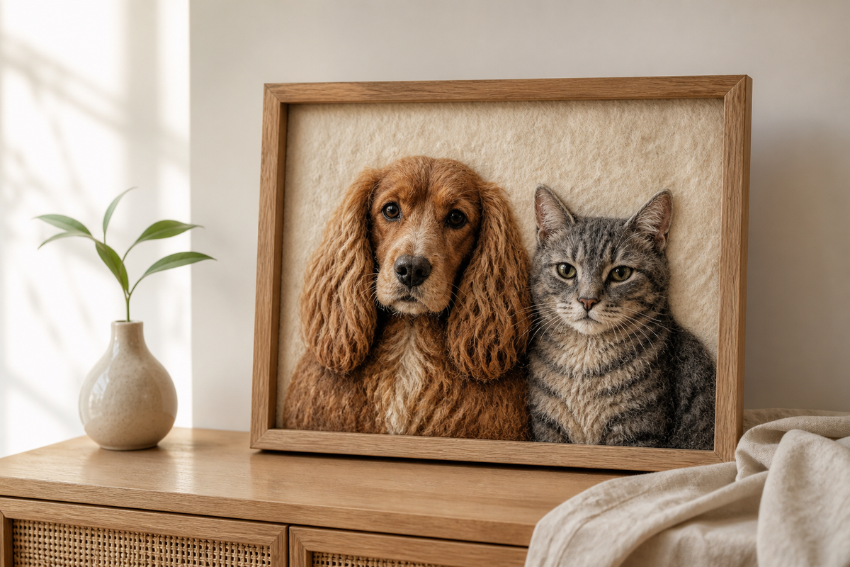 Framed fibre portrait of a brown spaniel and grey tabby cat displayed together on an oak console