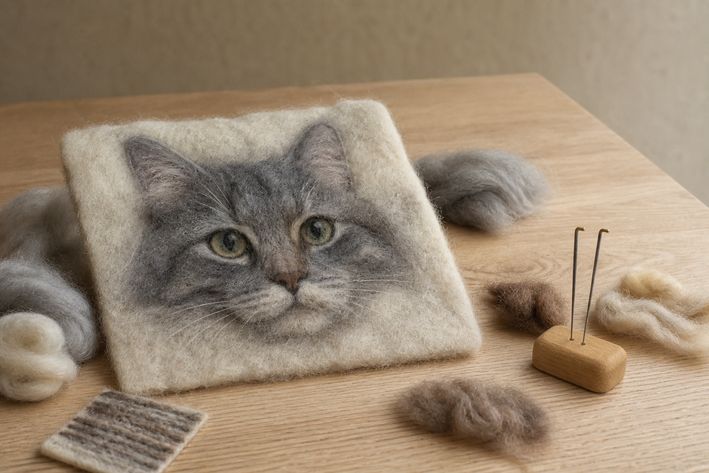 Needle-felted grey tabby cat portrait displayed with loose wool and felting needles
