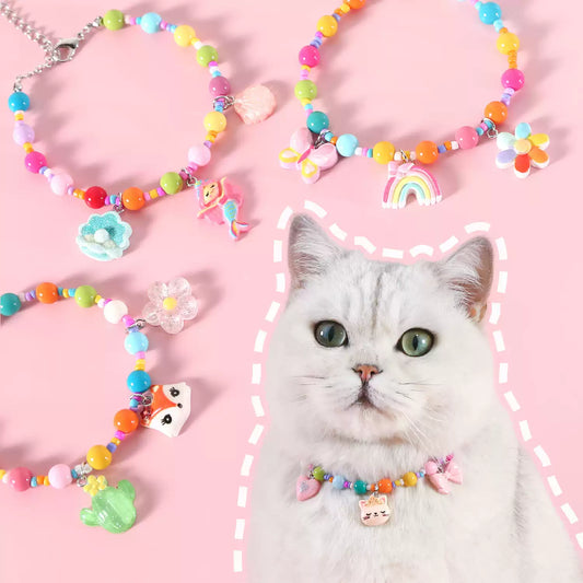 Pet Colored Pearl Pendant Necklace – Cute Cartoon Rainbow Mermaid Princess-Style Collar for Cats & Small Dogs