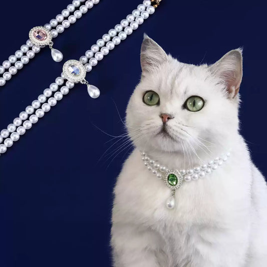 Handmade Luxury Pet Pearl & Colored Gemstone Pendant Necklace – Princess-Style Collar for Dogs & Cats