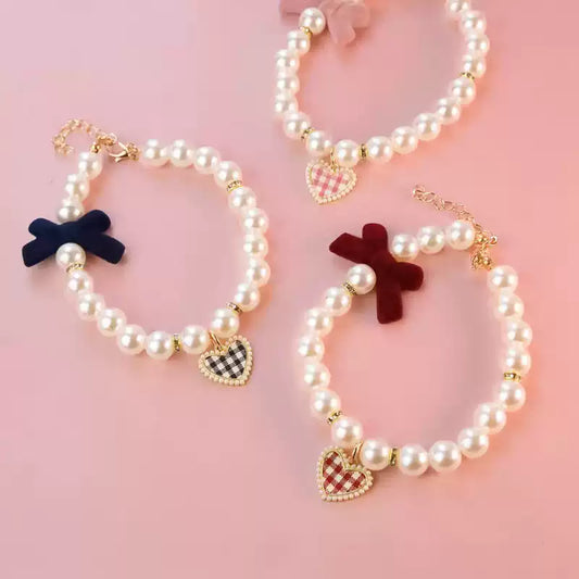 Pet Pearl Necklace Collar – Vintage High-End Texture Bowknot & Heart Pearl Necklace for Small Cats & Dogs