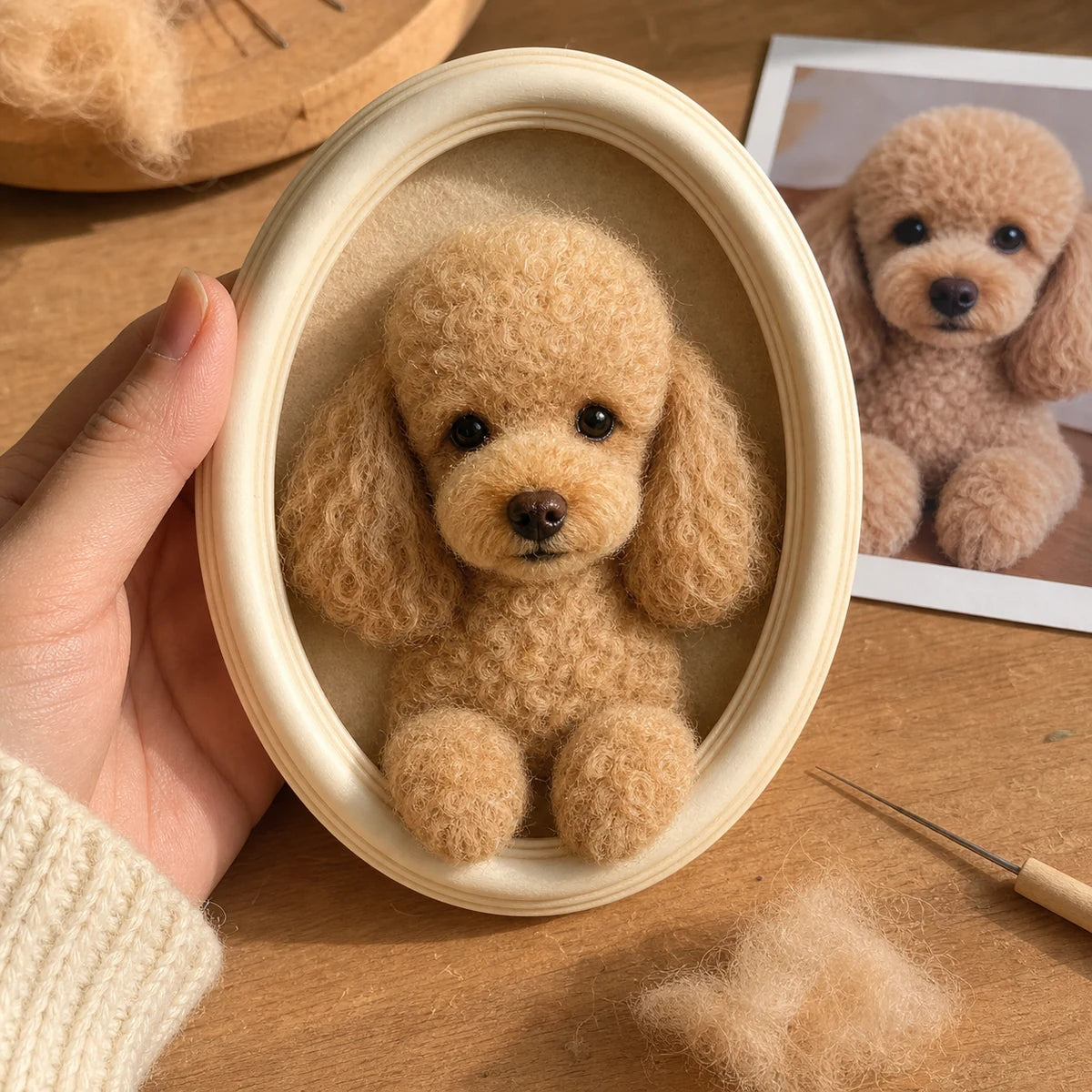 Handmade custom apricot poodle needle-felt portrait in an oval frame
