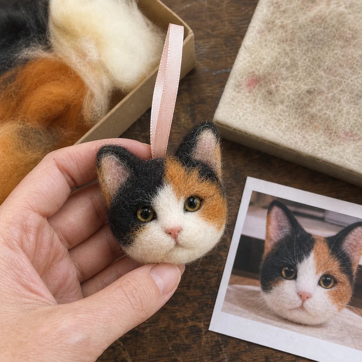Handmade calico cat needle-felt pet head charm held by an artisan