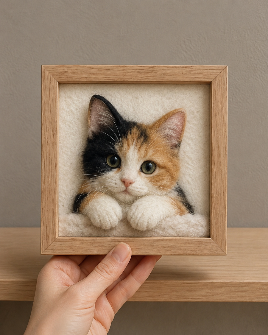 Small cat framed needle-felt portrait reference