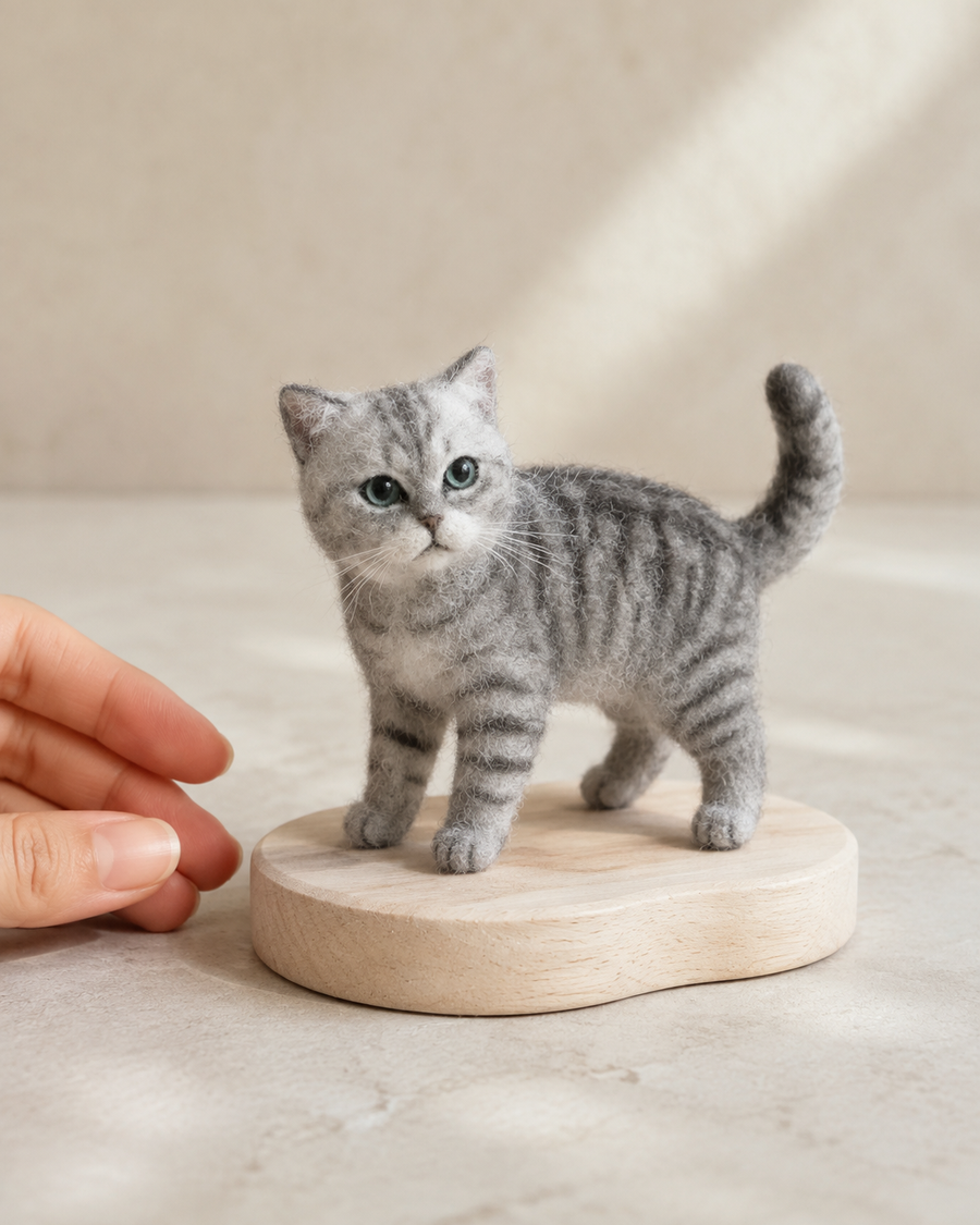 Small cat full-body needle-felt portrait, reference view 2