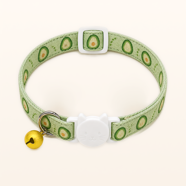 Avocado green Orchard Pop cat collar with charm, overhead product view