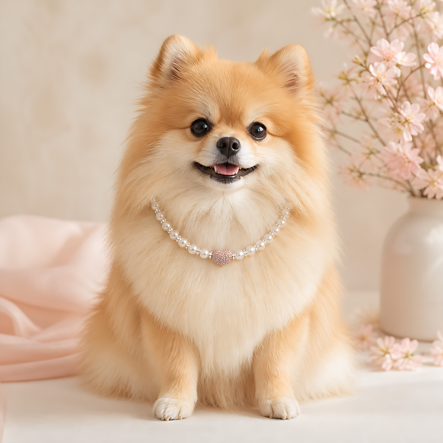 AI styling preview of a small Pomeranian wearing the Sakura Heart Pearl Pet Necklace