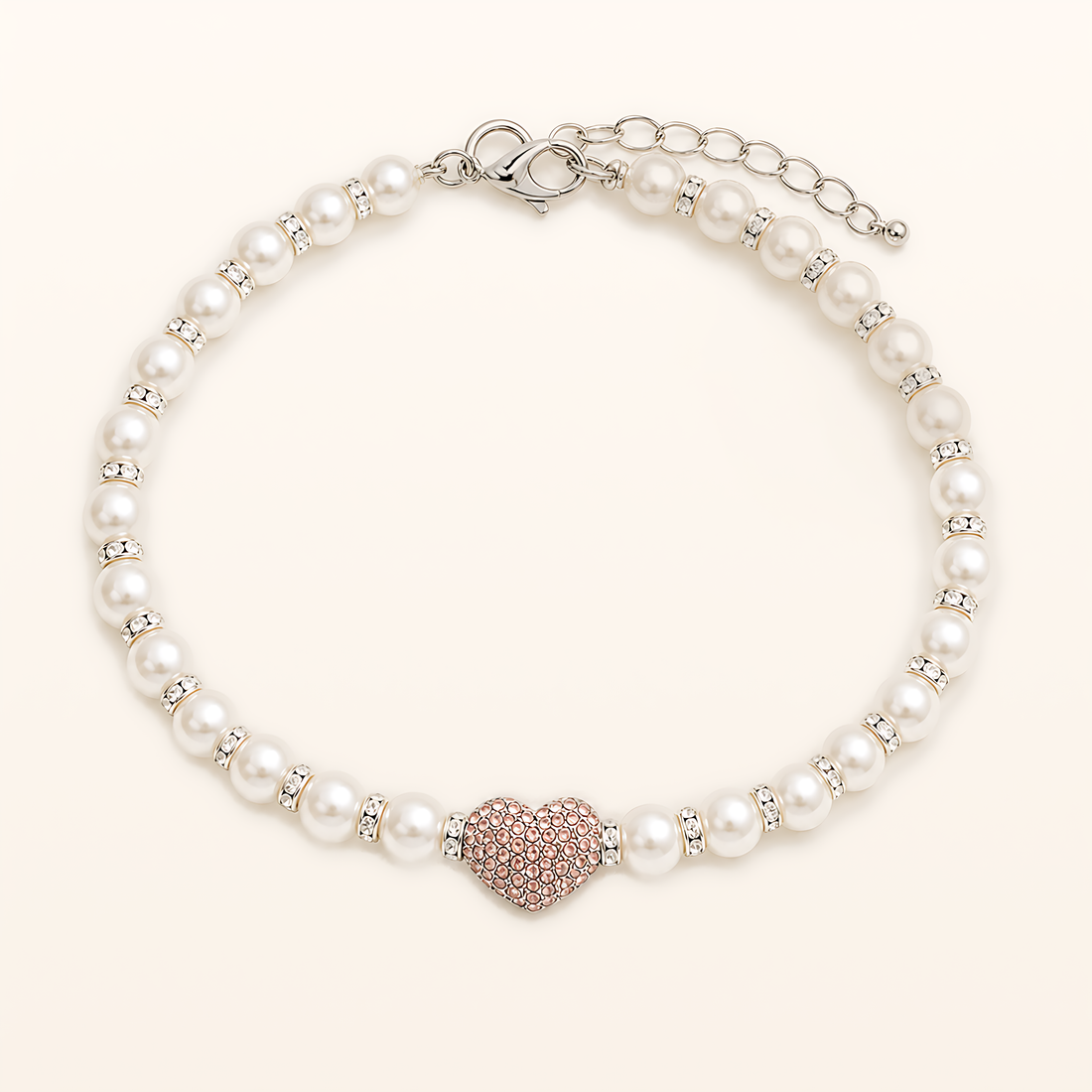 Pink Sakura Heart pearl pet necklace, overhead product view