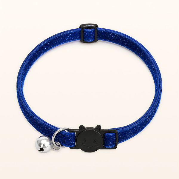 Royal blue Stardust velvet cat collar with bell, overhead product view