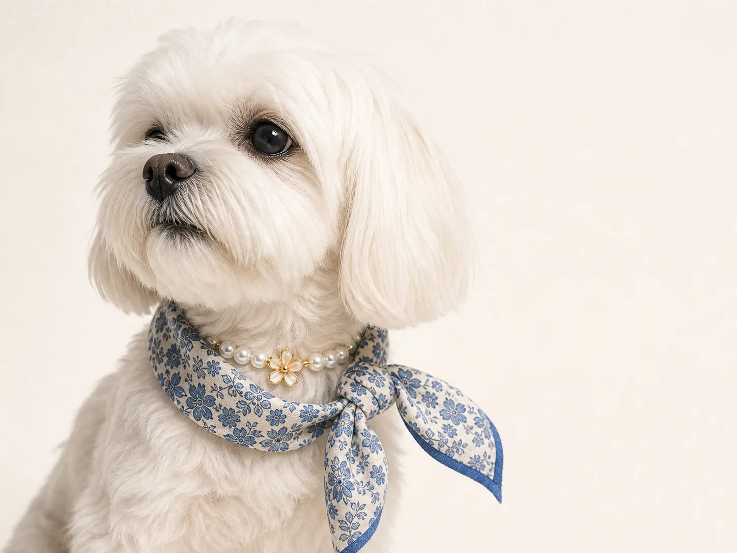 White dog wearing floral styling and a pearl necklace