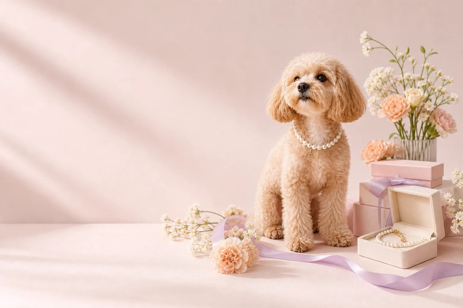 Apricot poodle wearing pearl pet jewelry beside blush gift boxes and flowers